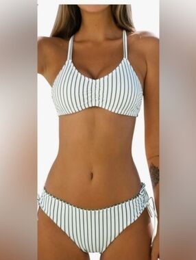 Women's Bikini Swim Suit With Reversible Bottom - Cupshe - Green & White - L